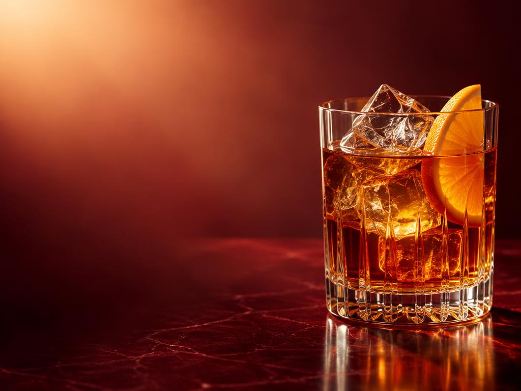 Whisky cocktail with ice and a slice of orange