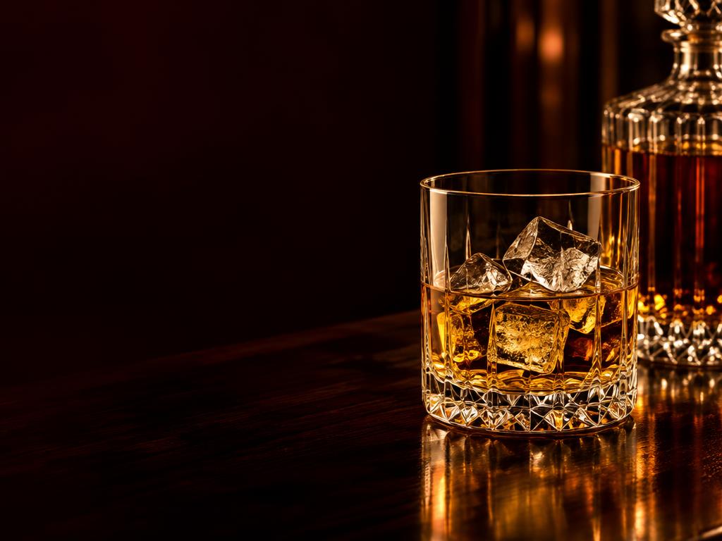 Golden whisky and ice in a crystal glass