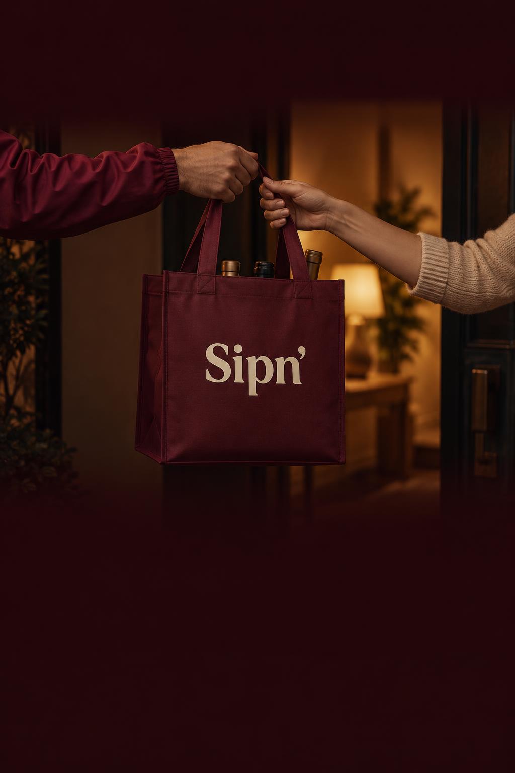 A delivery partner handing a burgundy Sipn’ bag to a customer