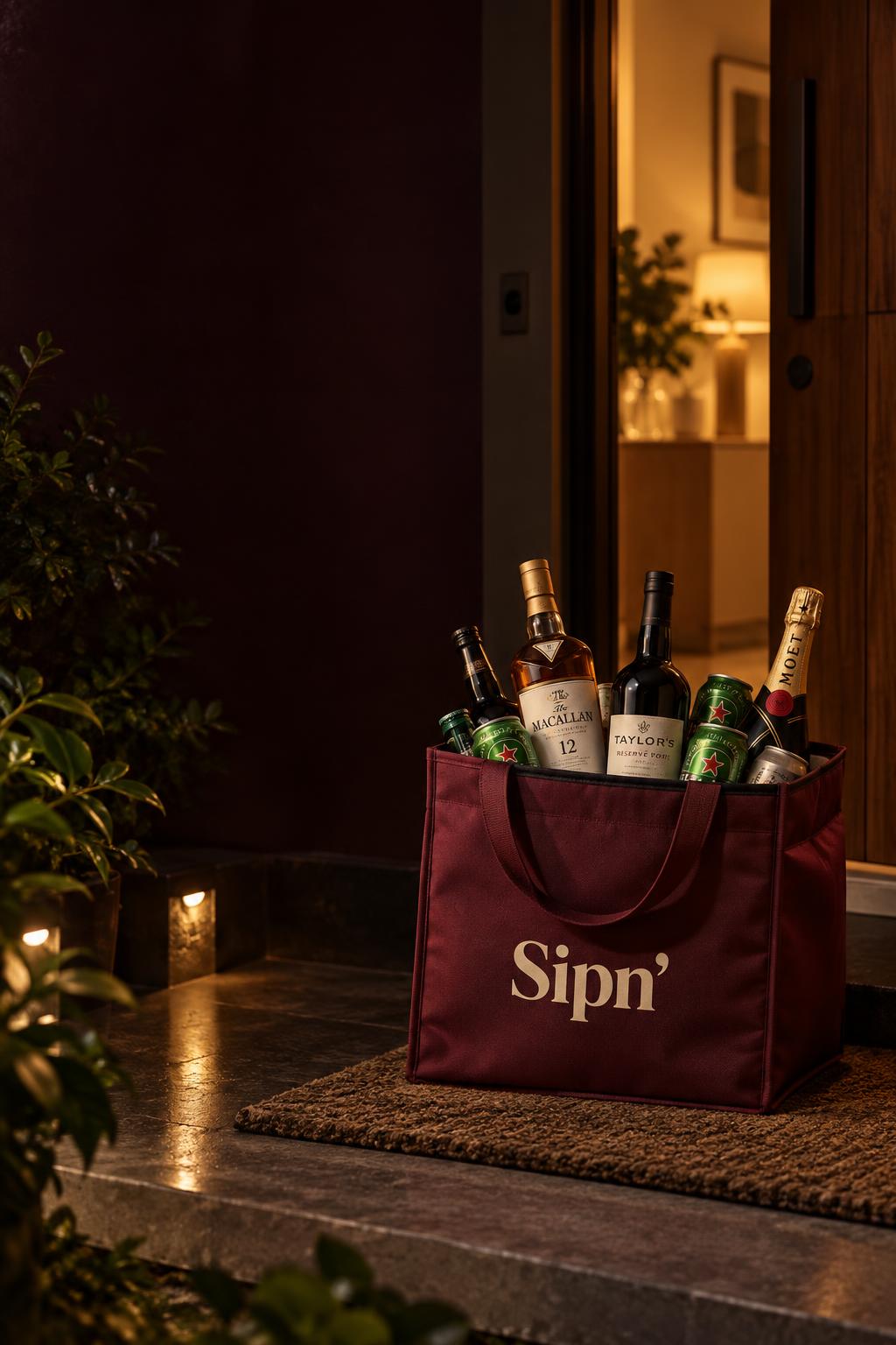A Sipn’ bag filled with drinks at a warmly lit apartment doorstep