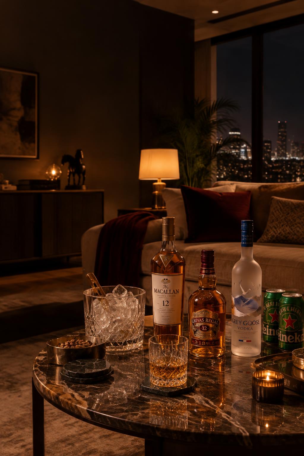 Whisky, vodka and beer arranged on a marble table for a night in